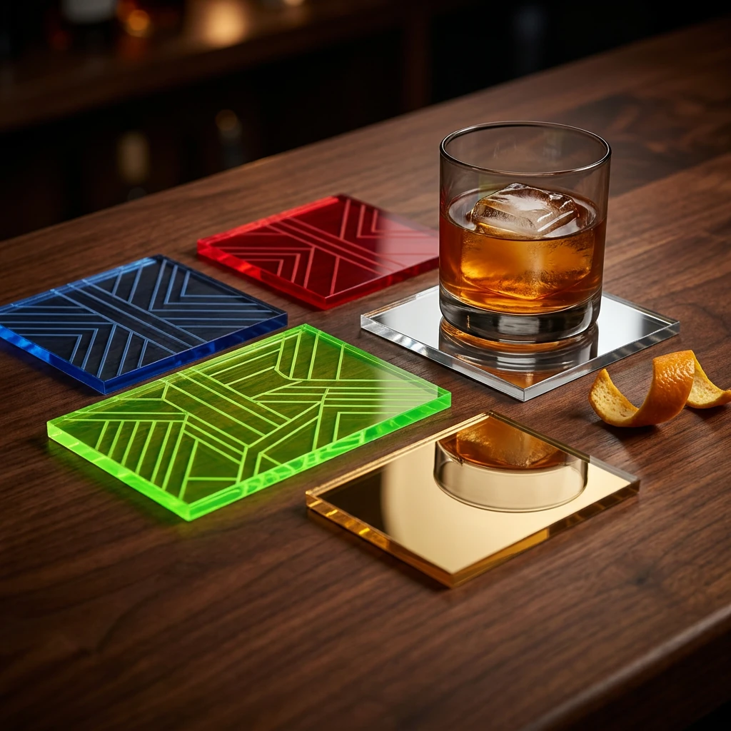 Farvede akryl glasbrikker paa bar