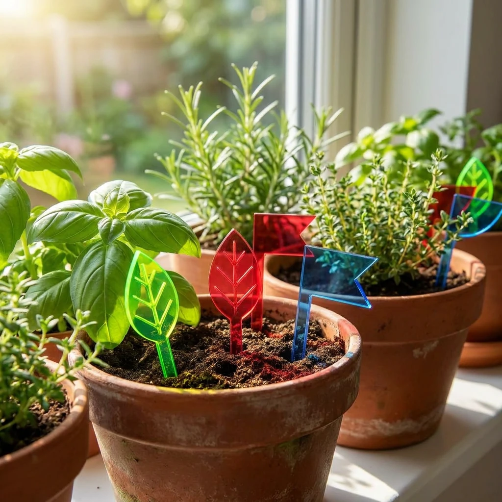 Farvede akryl plantemarkoerer i urtepotter