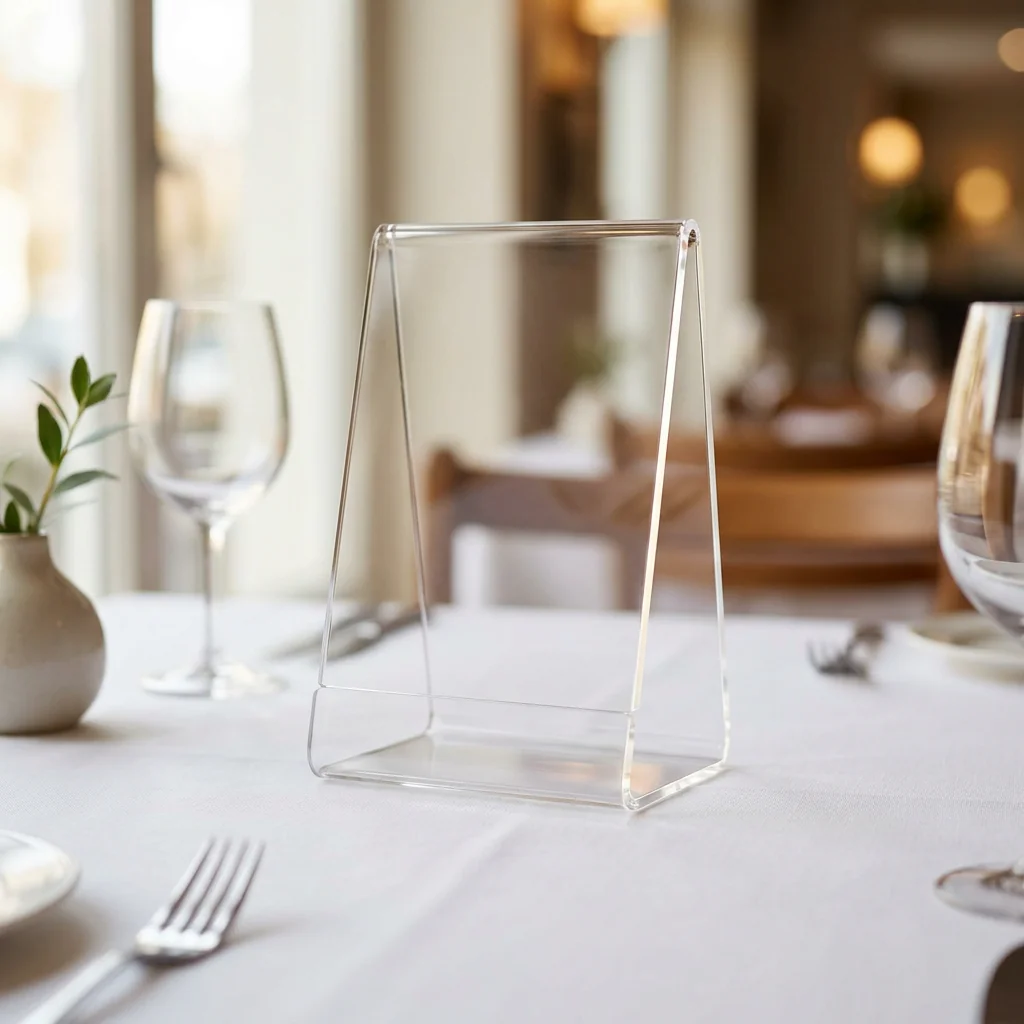 Menukortholder i akryl på restaurantbord