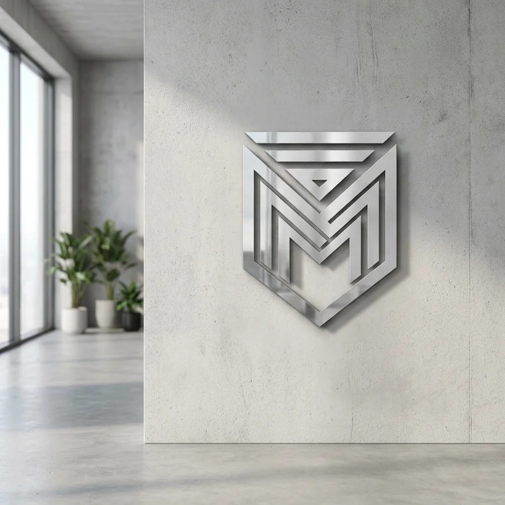 Logoskilt i sølv spejlakryl monteret på betonvæg i reception