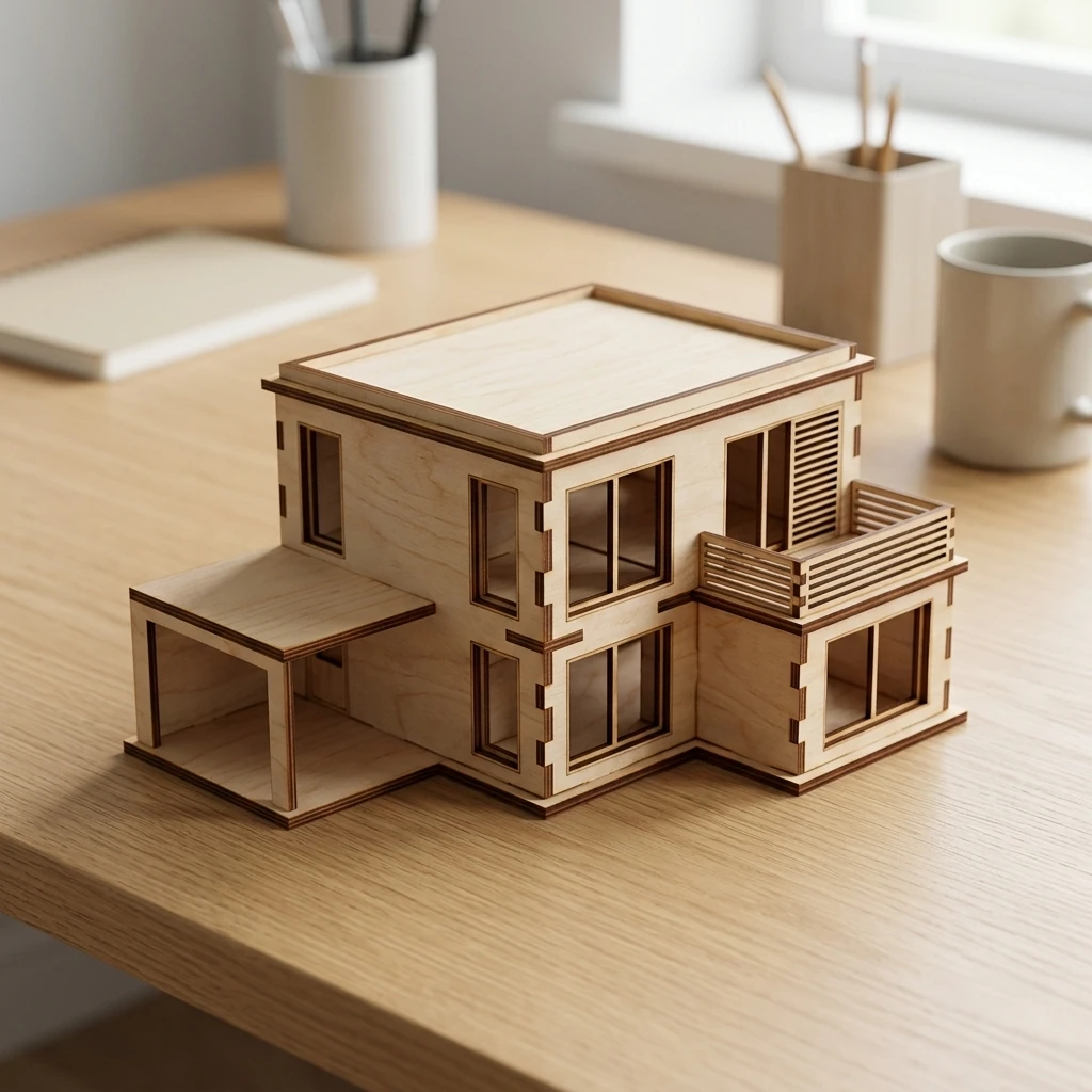 Arkitekturmodel laserskåret i 6 mm birkekrydsfiner