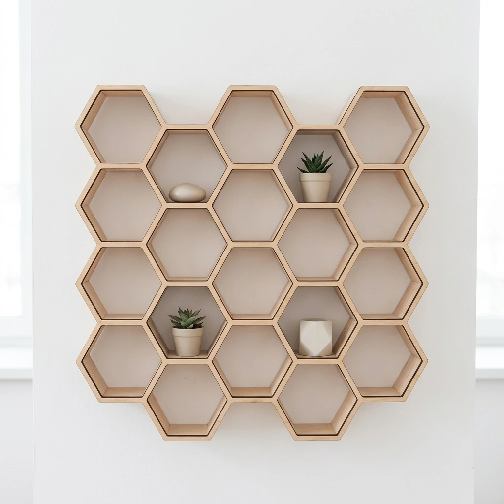 Hexagonal væghylde i laserskåret birkekrydsfiner