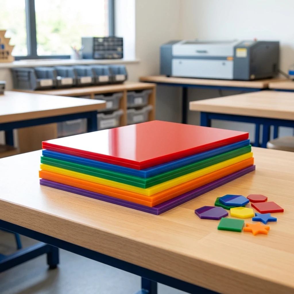 Farvede akrylplader i skolens makerspace