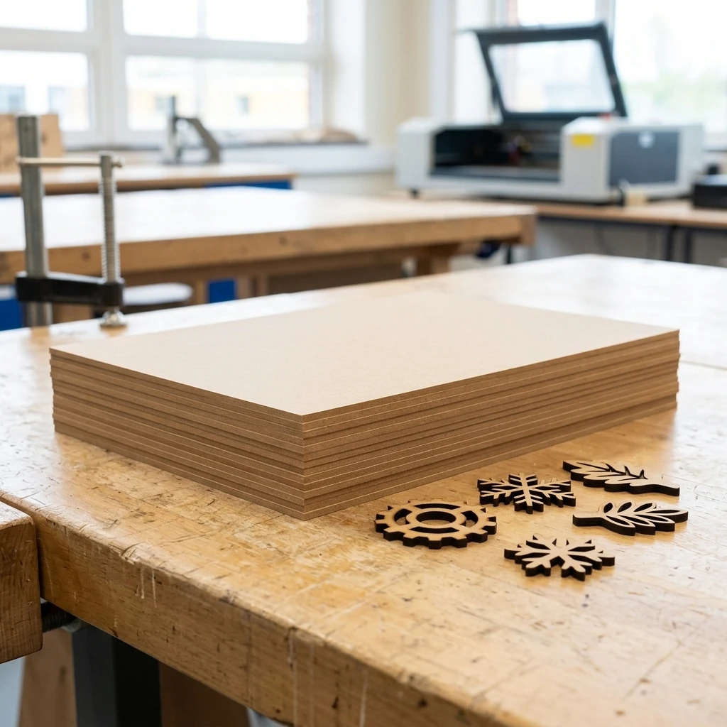 Stak af HDF-plader i skolens makerspace