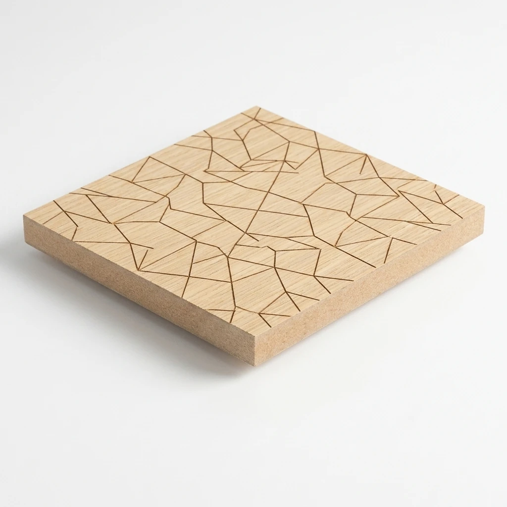 Tynd lasergraveret plakette i eg-fineret MDF
