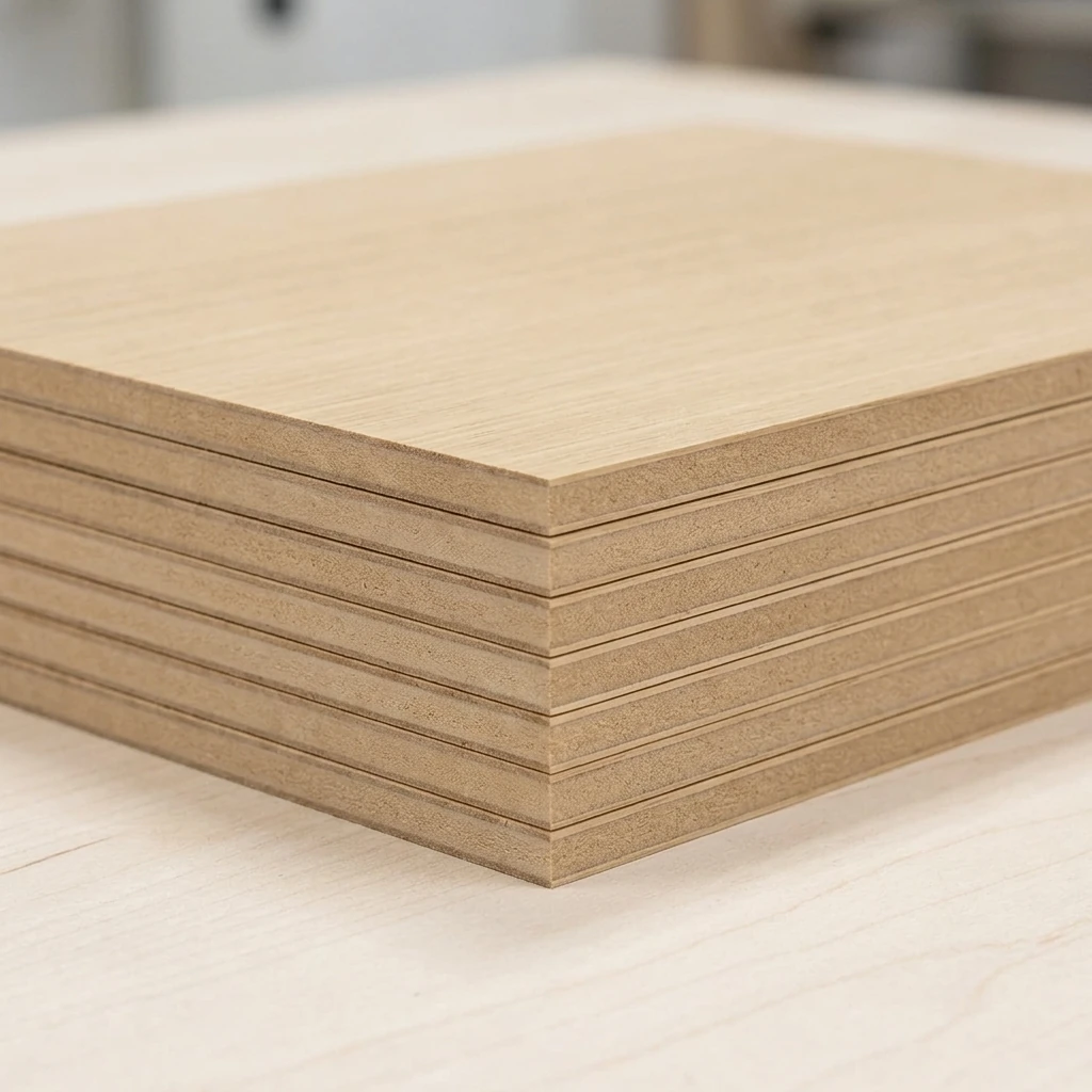 Stak af tynde eg-finerede MDF-plader med synlig kerne